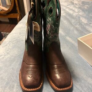 Brown and Green Heeled Boots